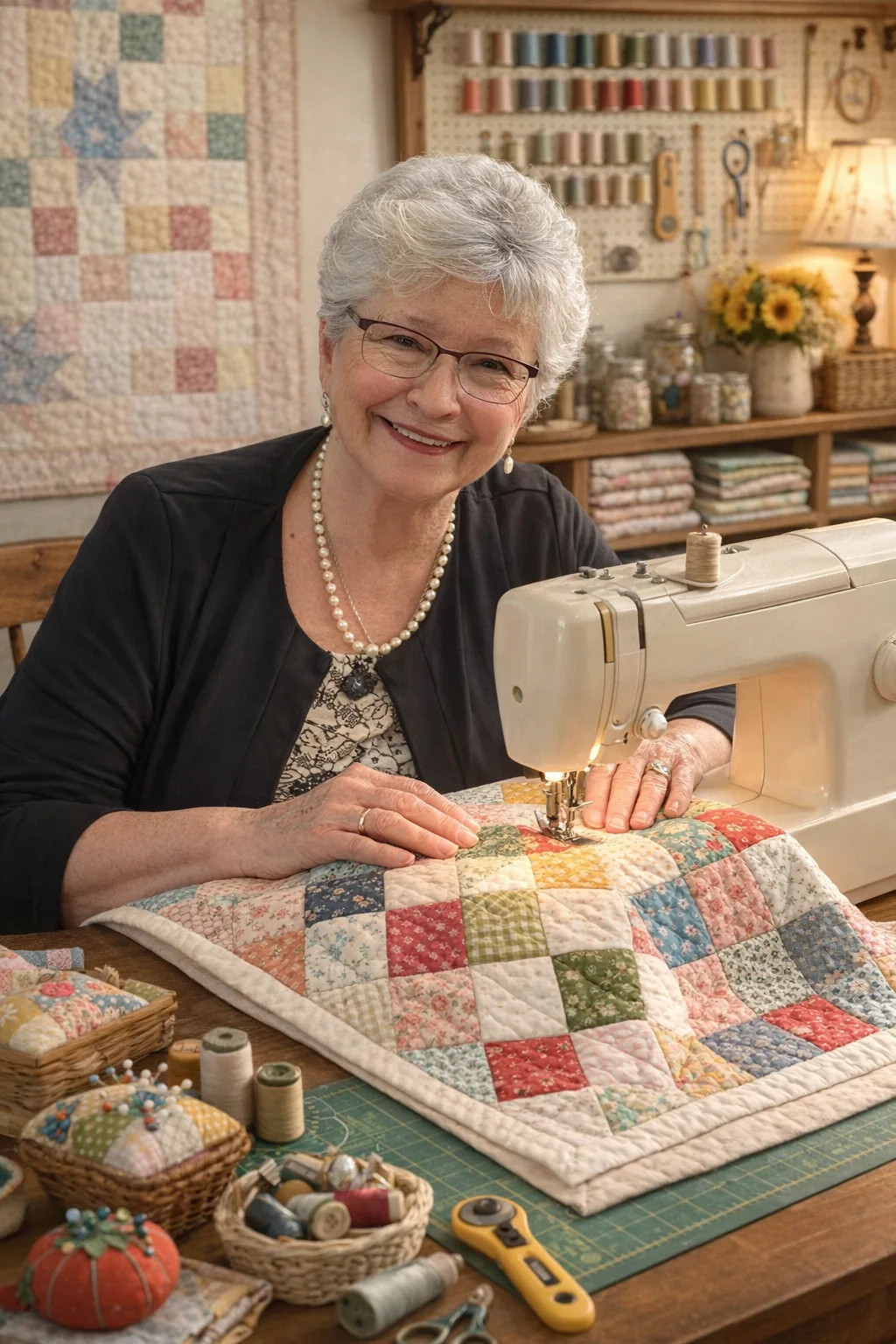 Debbie Smiddy seated at her sewing machine with a quilt
